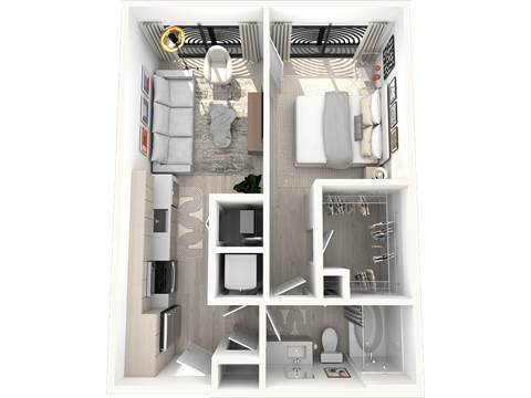 a 3d rendering of a bedroom and a living room